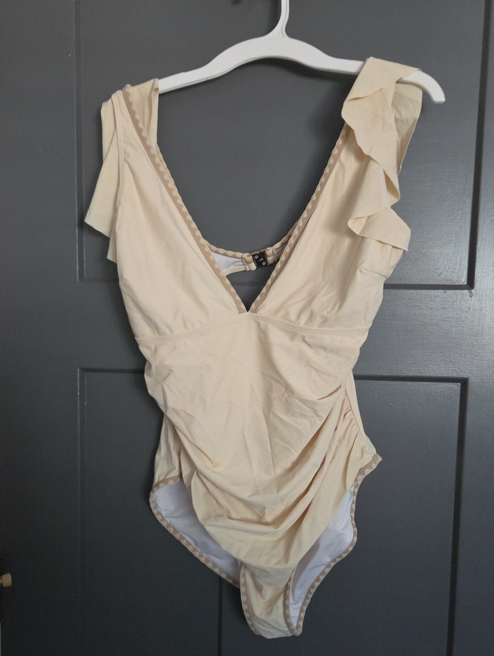 Ruffled Cream One-Piece Swimsuit with V-Neck